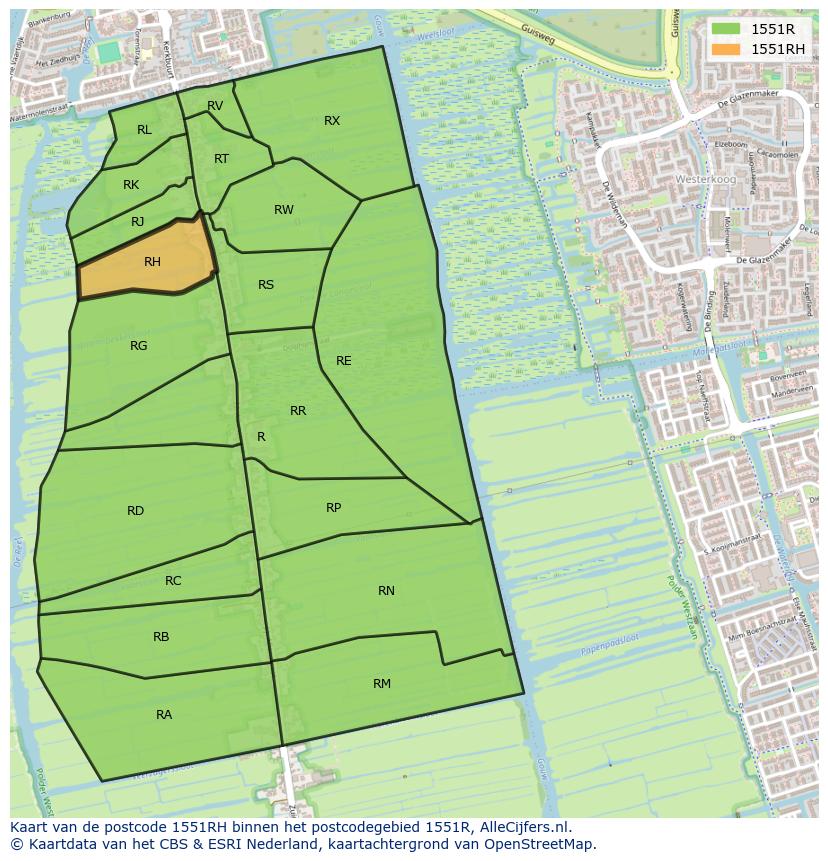 Afbeelding van het postcodegebied 1551 RH op de kaart.