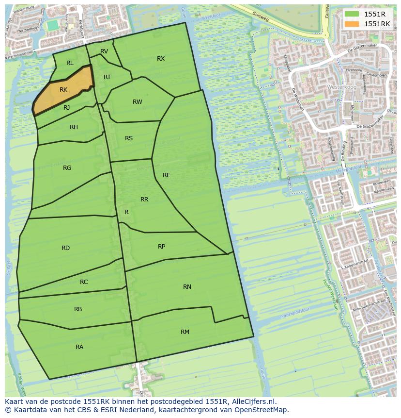 Afbeelding van het postcodegebied 1551 RK op de kaart.