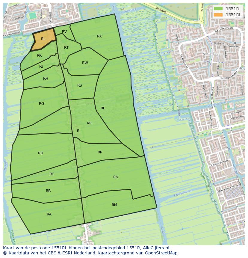 Afbeelding van het postcodegebied 1551 RL op de kaart.