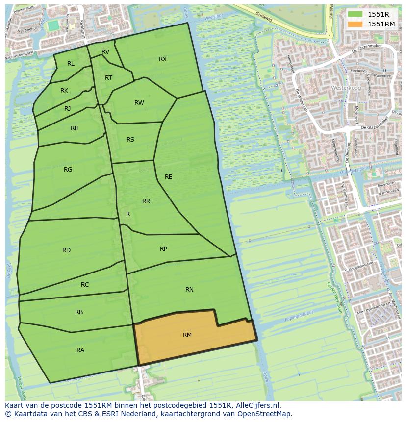 Afbeelding van het postcodegebied 1551 RM op de kaart.