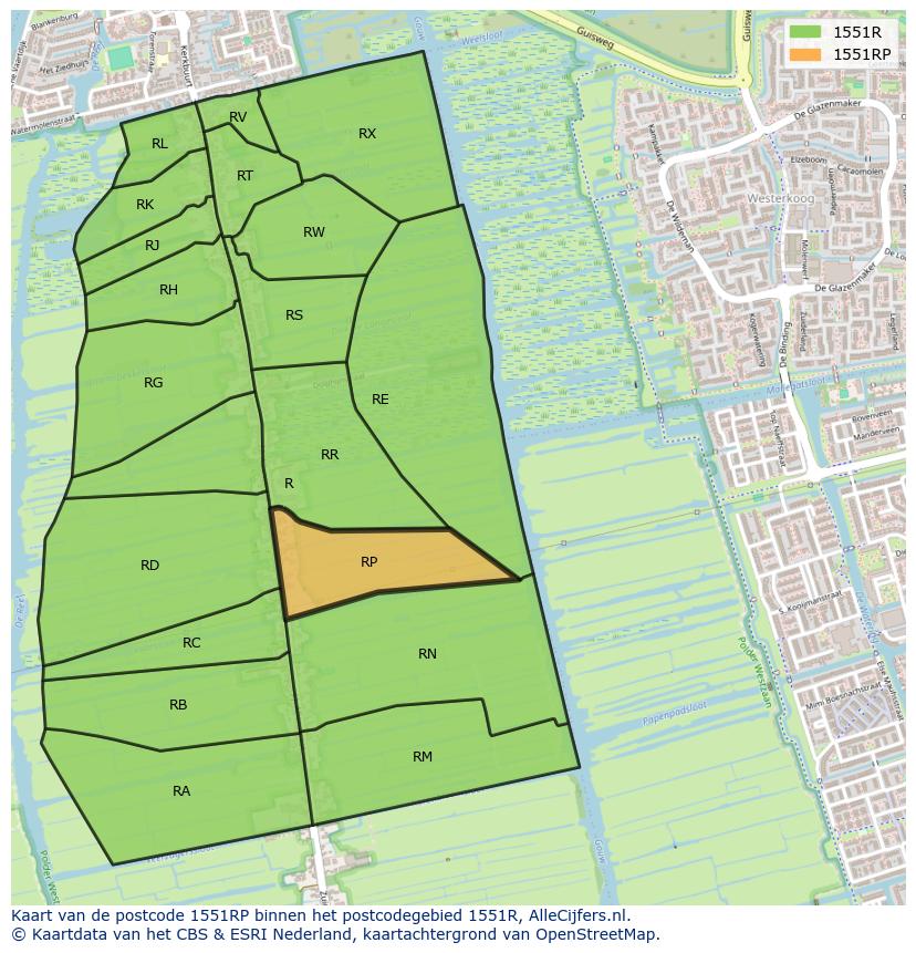 Afbeelding van het postcodegebied 1551 RP op de kaart.