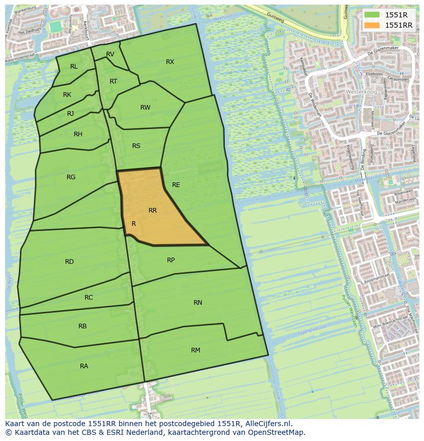 Afbeelding van het postcodegebied 1551 RR op de kaart.