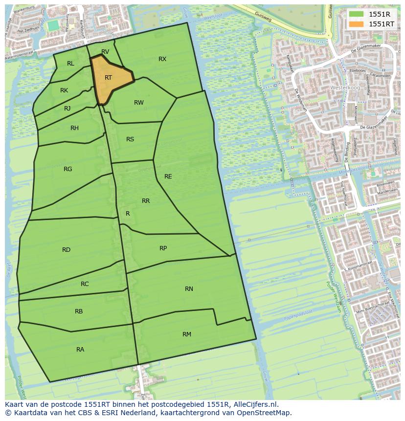 Afbeelding van het postcodegebied 1551 RT op de kaart.