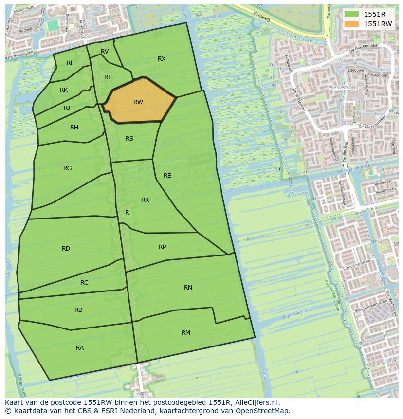 Afbeelding van het postcodegebied 1551 RW op de kaart.