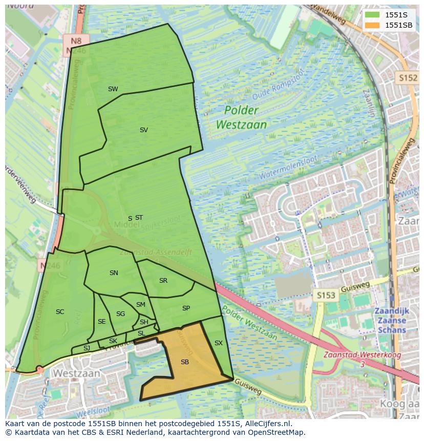 Afbeelding van het postcodegebied 1551 SB op de kaart.