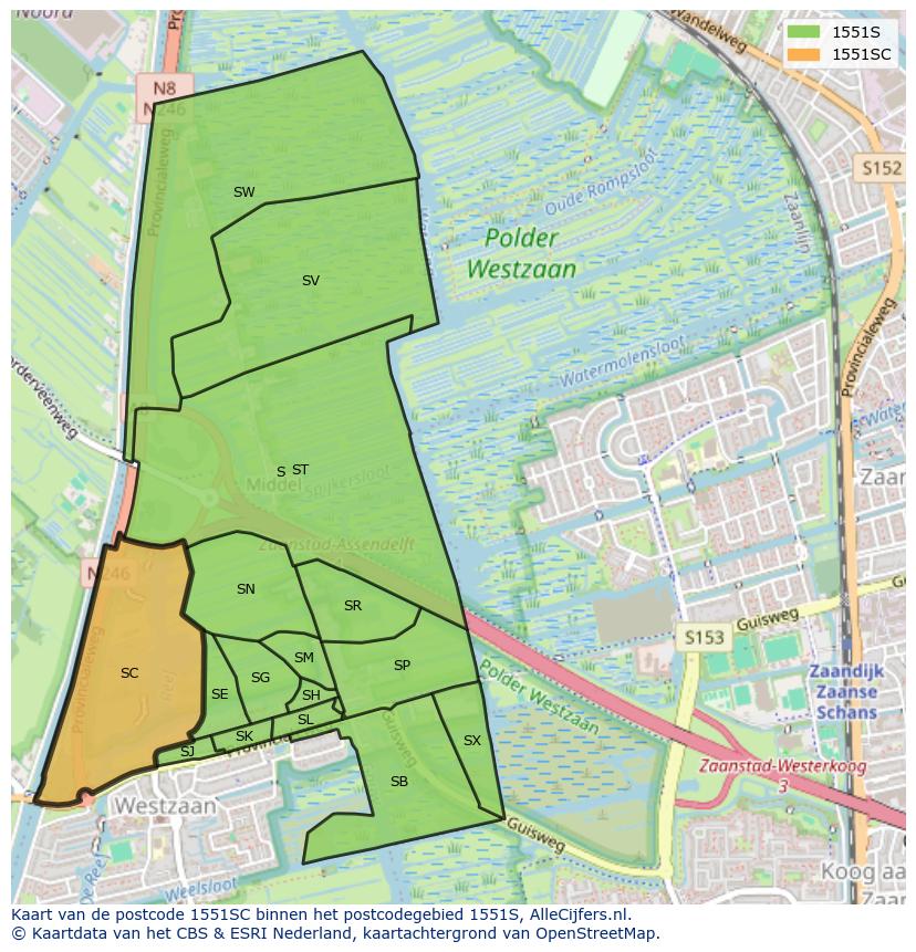 Afbeelding van het postcodegebied 1551 SC op de kaart.