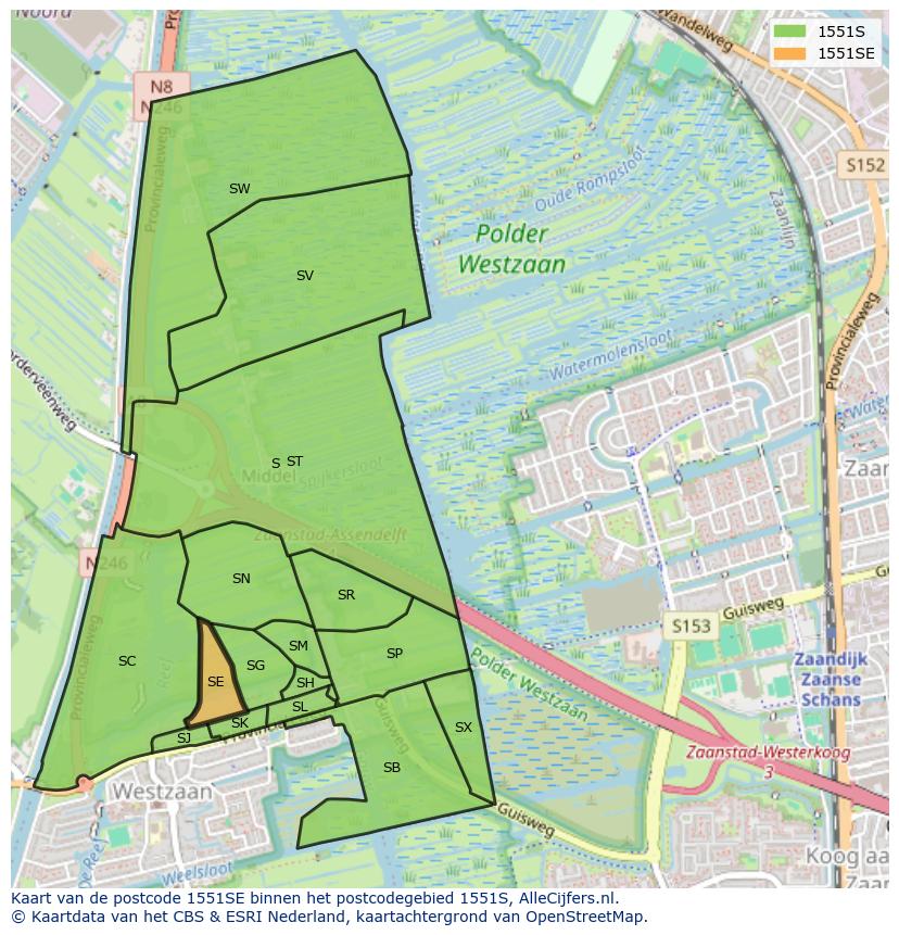 Afbeelding van het postcodegebied 1551 SE op de kaart.
