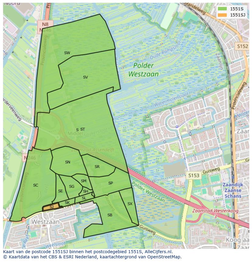 Afbeelding van het postcodegebied 1551 SJ op de kaart.