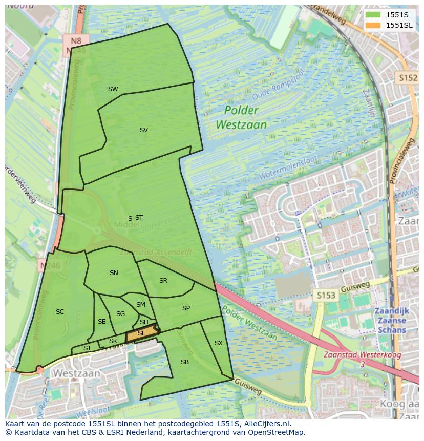 Afbeelding van het postcodegebied 1551 SL op de kaart.
