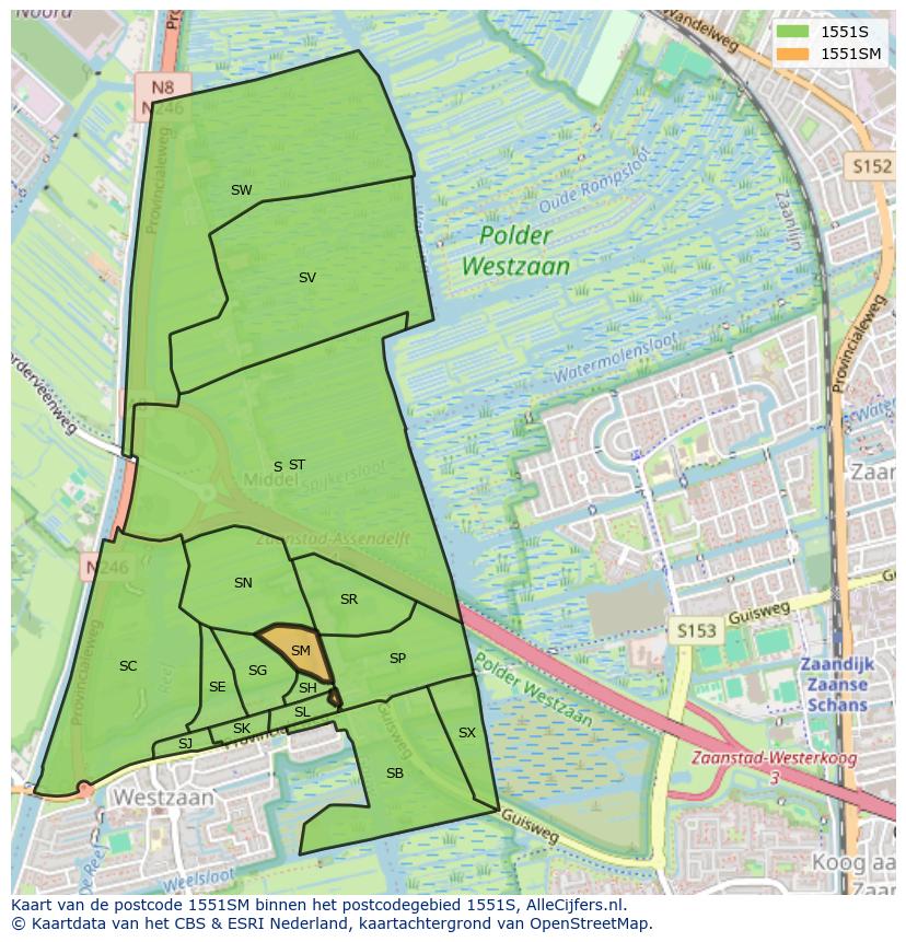 Afbeelding van het postcodegebied 1551 SM op de kaart.