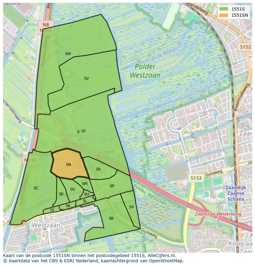 Afbeelding van het postcodegebied 1551 SN op de kaart.