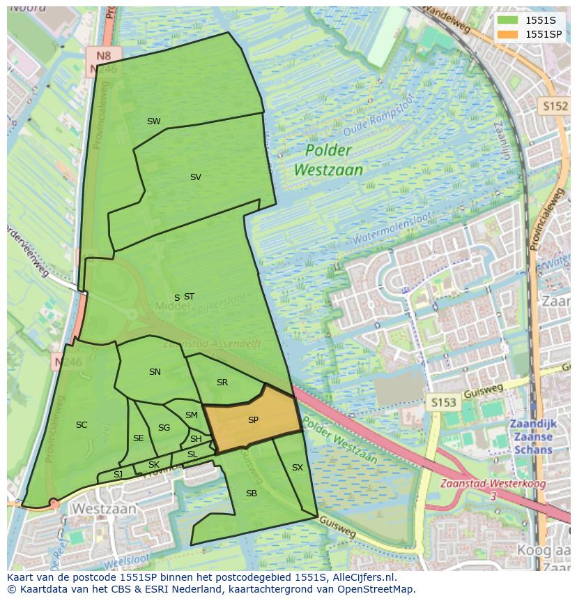 Afbeelding van het postcodegebied 1551 SP op de kaart.
