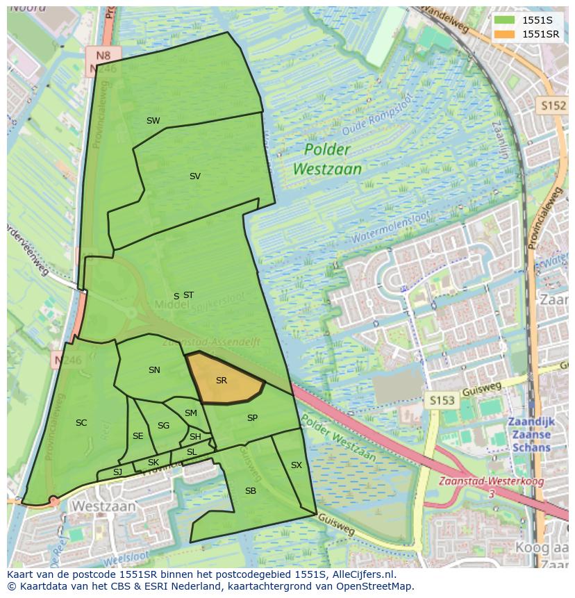 Afbeelding van het postcodegebied 1551 SR op de kaart.