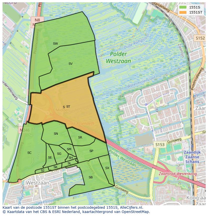 Afbeelding van het postcodegebied 1551 ST op de kaart.