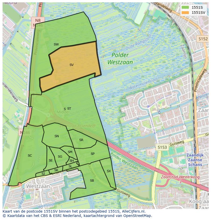 Afbeelding van het postcodegebied 1551 SV op de kaart.