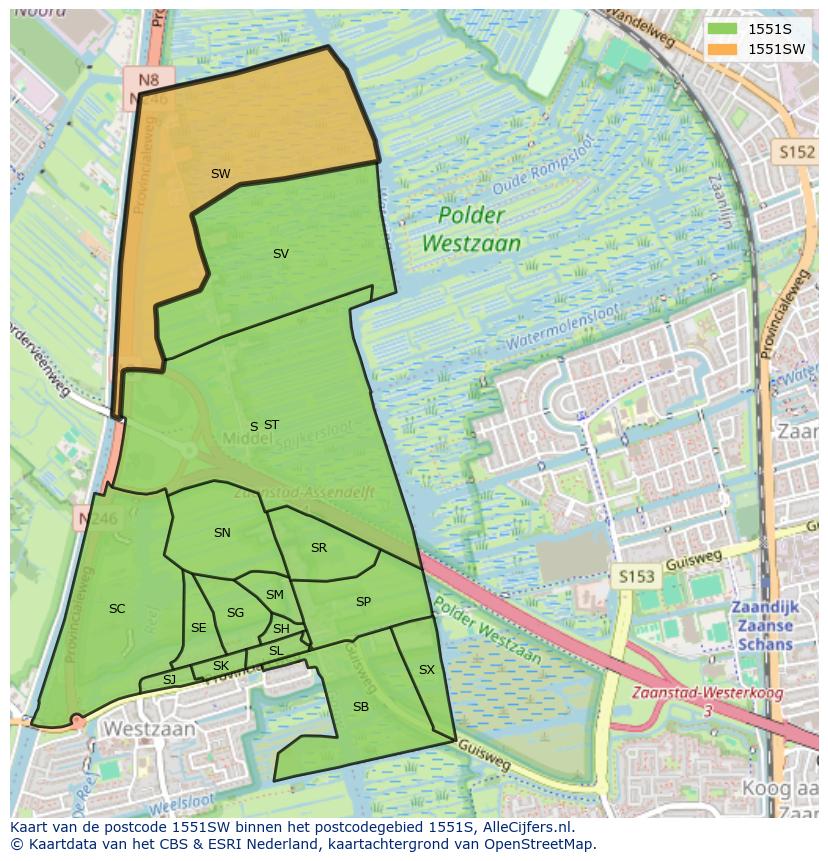Afbeelding van het postcodegebied 1551 SW op de kaart.