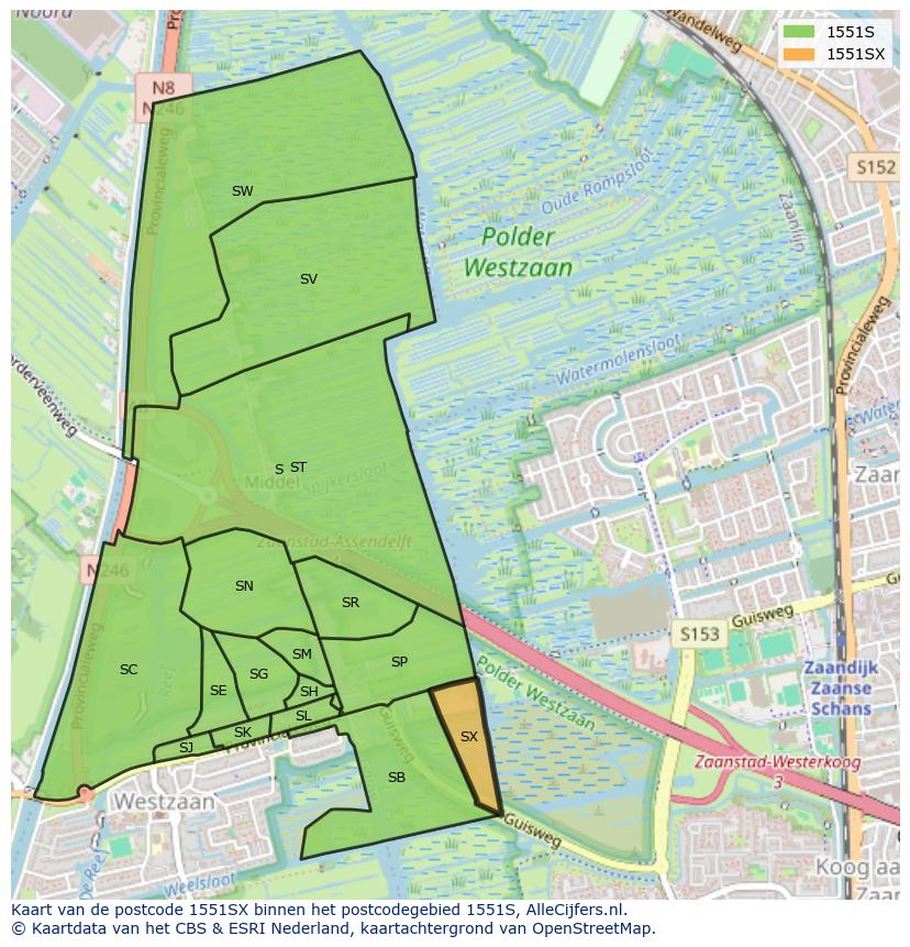 Afbeelding van het postcodegebied 1551 SX op de kaart.
