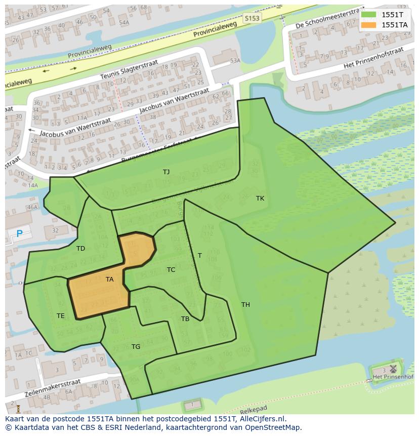 Afbeelding van het postcodegebied 1551 TA op de kaart.