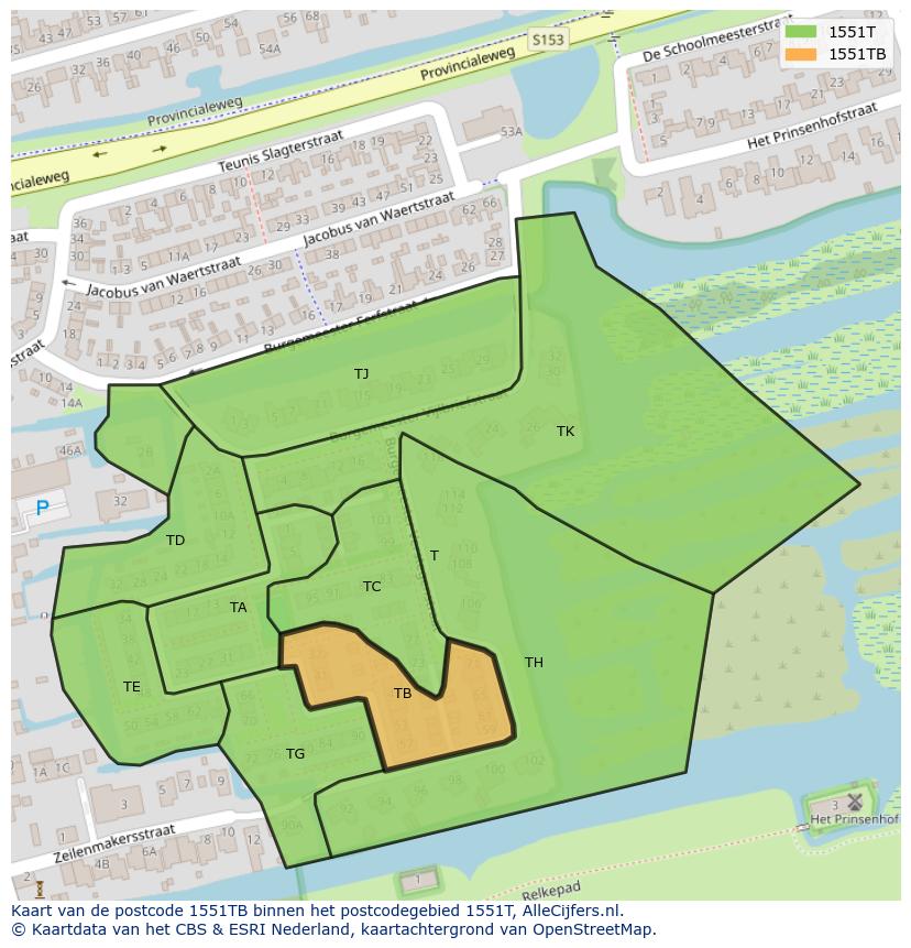 Afbeelding van het postcodegebied 1551 TB op de kaart.