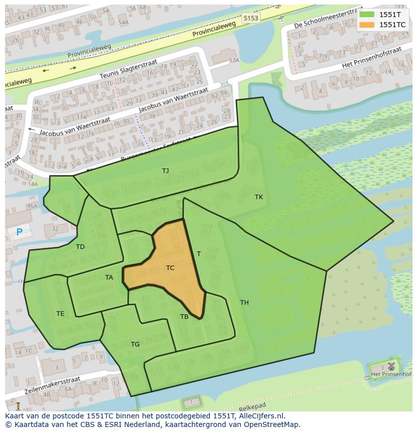 Afbeelding van het postcodegebied 1551 TC op de kaart.