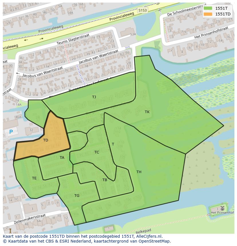 Afbeelding van het postcodegebied 1551 TD op de kaart.