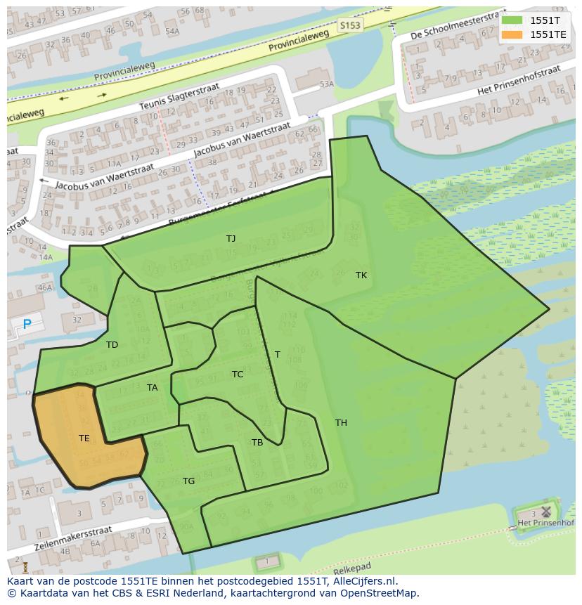 Afbeelding van het postcodegebied 1551 TE op de kaart.