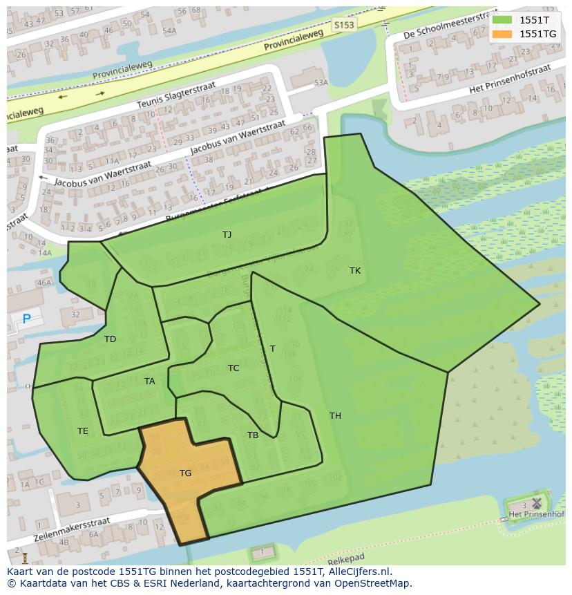 Afbeelding van het postcodegebied 1551 TG op de kaart.