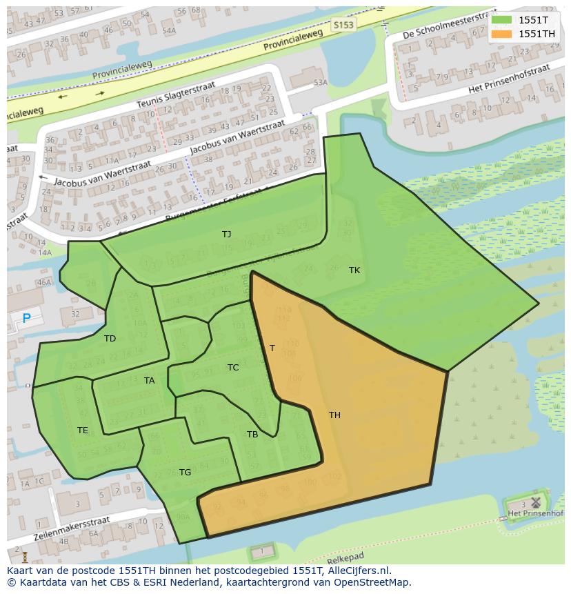 Afbeelding van het postcodegebied 1551 TH op de kaart.