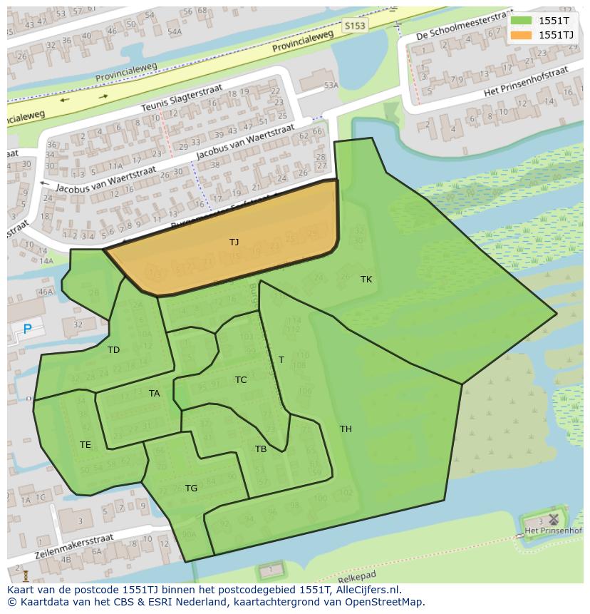 Afbeelding van het postcodegebied 1551 TJ op de kaart.