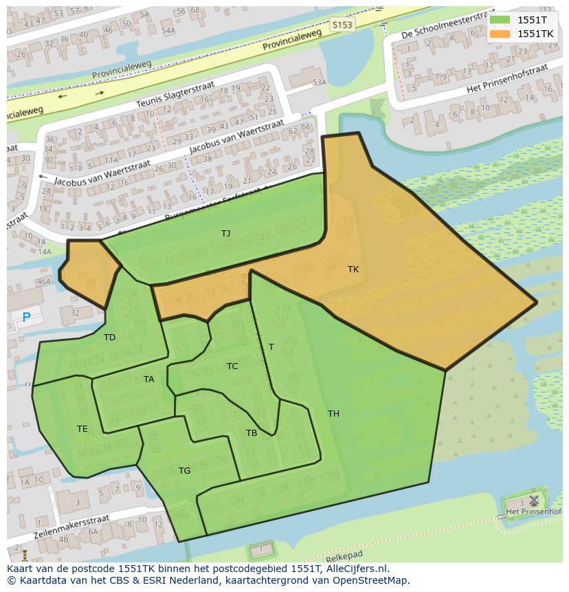 Afbeelding van het postcodegebied 1551 TK op de kaart.