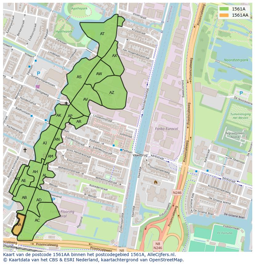 Afbeelding van het postcodegebied 1561 AA op de kaart.