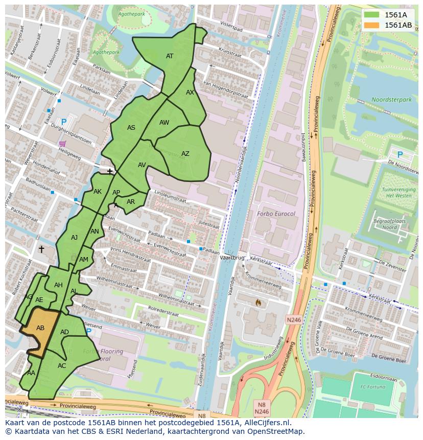 Afbeelding van het postcodegebied 1561 AB op de kaart.