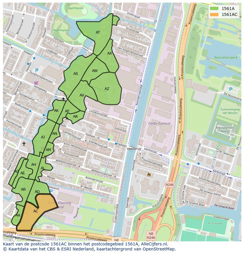 Afbeelding van het postcodegebied 1561 AC op de kaart.