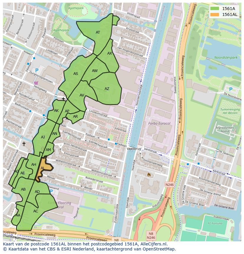 Afbeelding van het postcodegebied 1561 AL op de kaart.