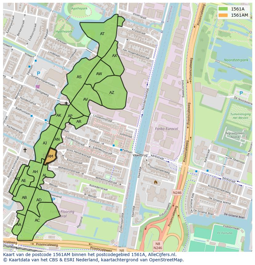 Afbeelding van het postcodegebied 1561 AM op de kaart.