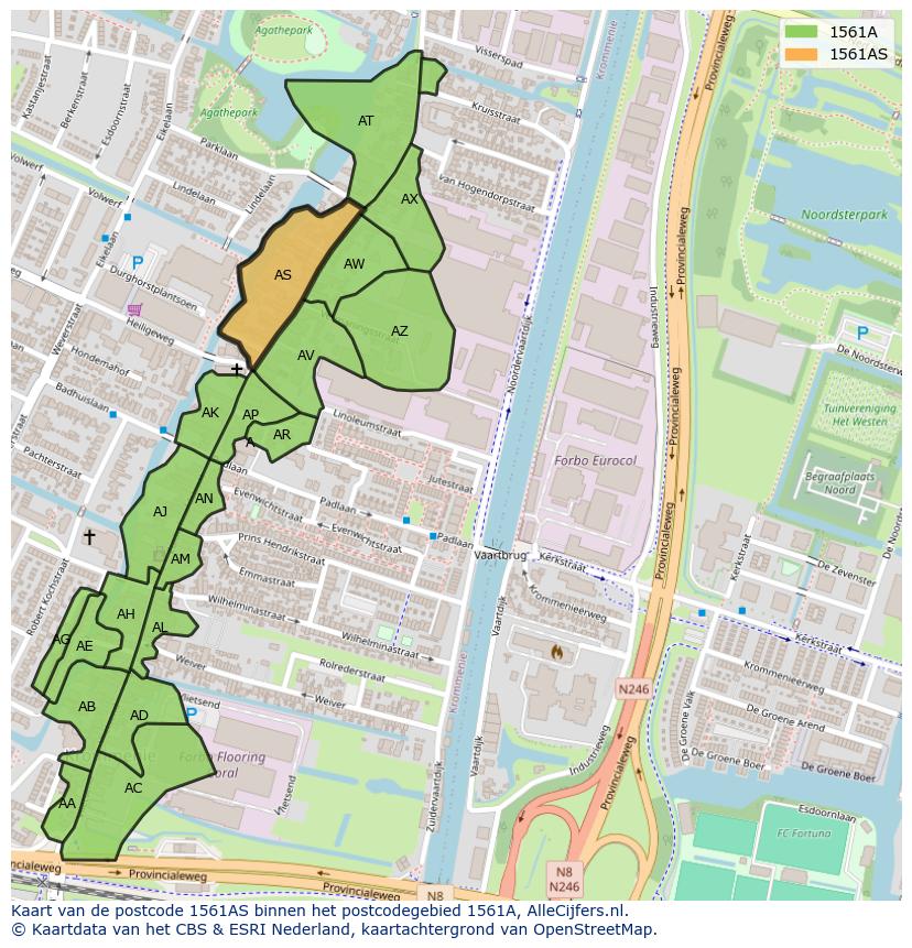 Afbeelding van het postcodegebied 1561 AS op de kaart.