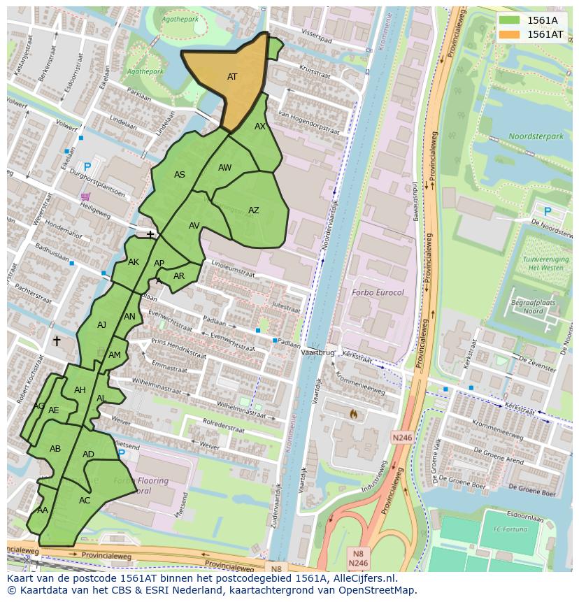 Afbeelding van het postcodegebied 1561 AT op de kaart.