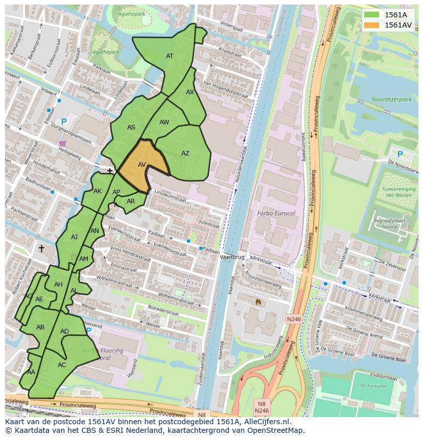 Afbeelding van het postcodegebied 1561 AV op de kaart.