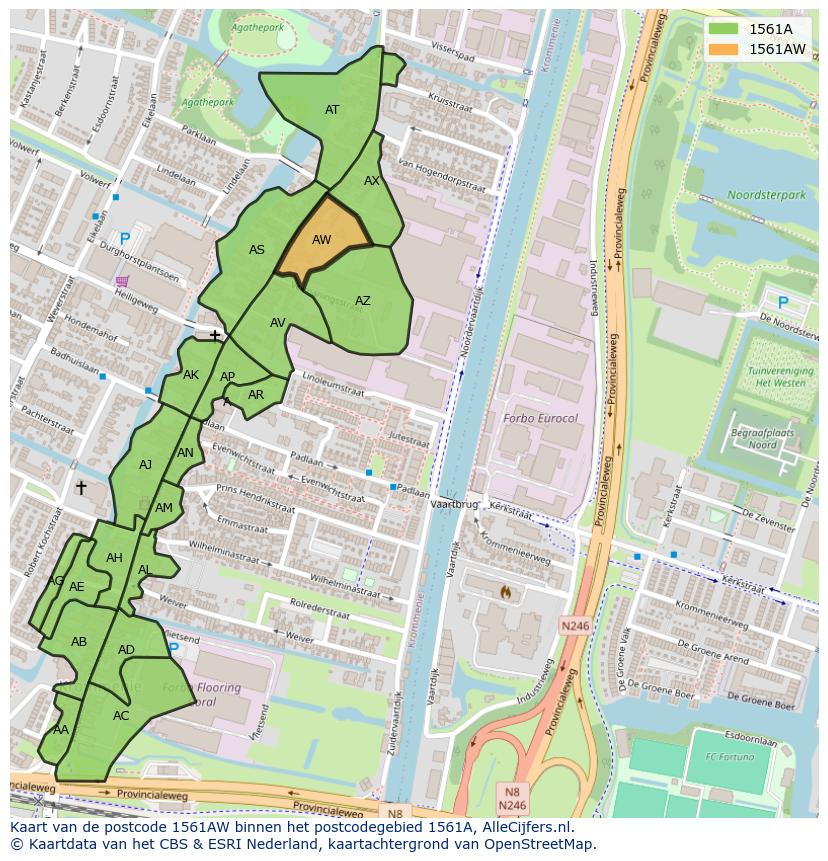 Afbeelding van het postcodegebied 1561 AW op de kaart.
