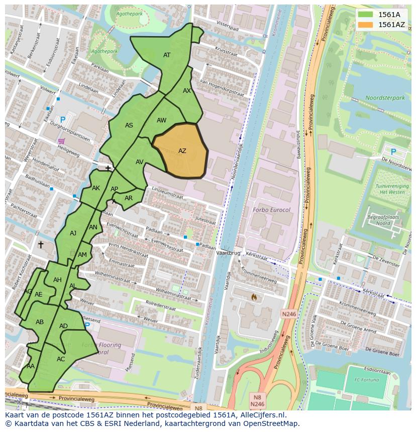 Afbeelding van het postcodegebied 1561 AZ op de kaart.