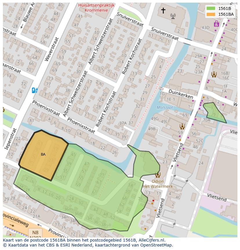 Afbeelding van het postcodegebied 1561 BA op de kaart.