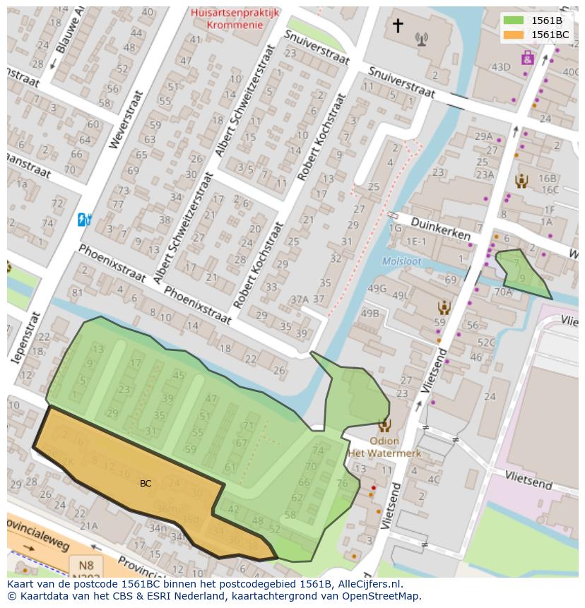 Afbeelding van het postcodegebied 1561 BC op de kaart.