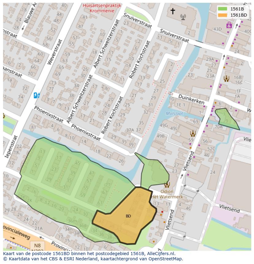 Afbeelding van het postcodegebied 1561 BD op de kaart.