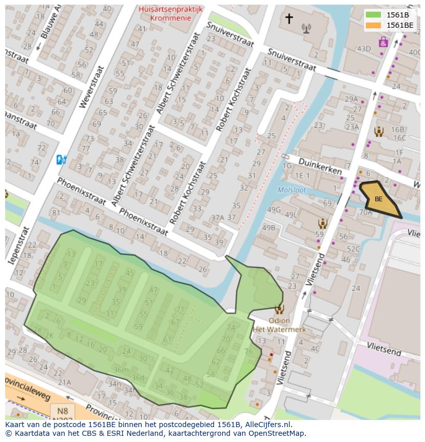 Afbeelding van het postcodegebied 1561 BE op de kaart.
