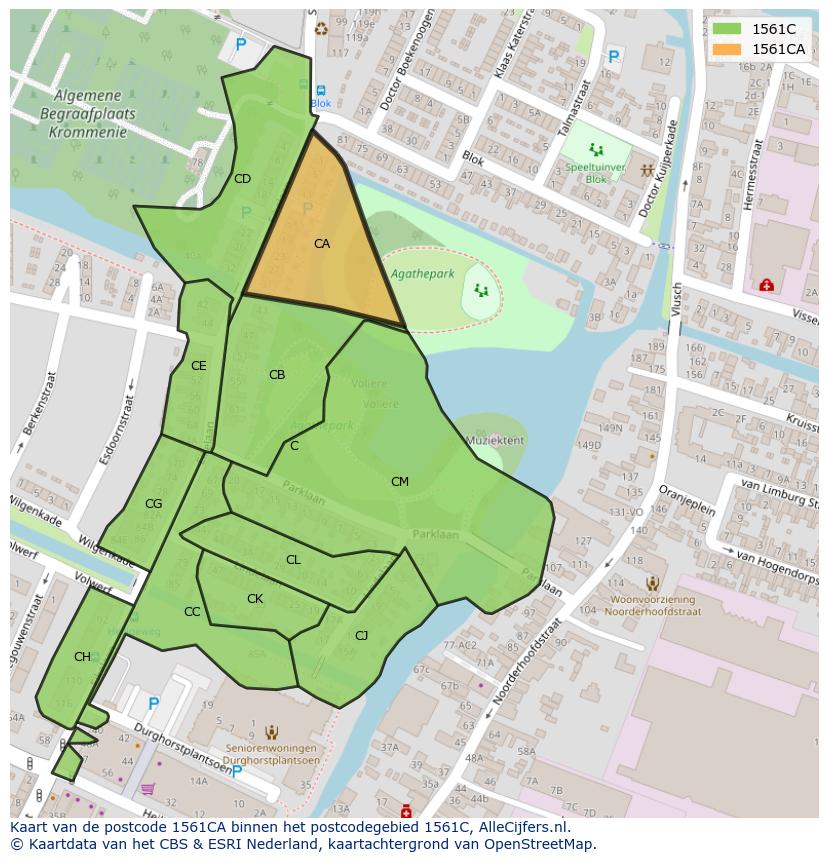 Afbeelding van het postcodegebied 1561 CA op de kaart.