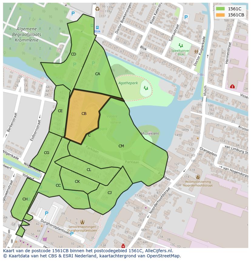 Afbeelding van het postcodegebied 1561 CB op de kaart.