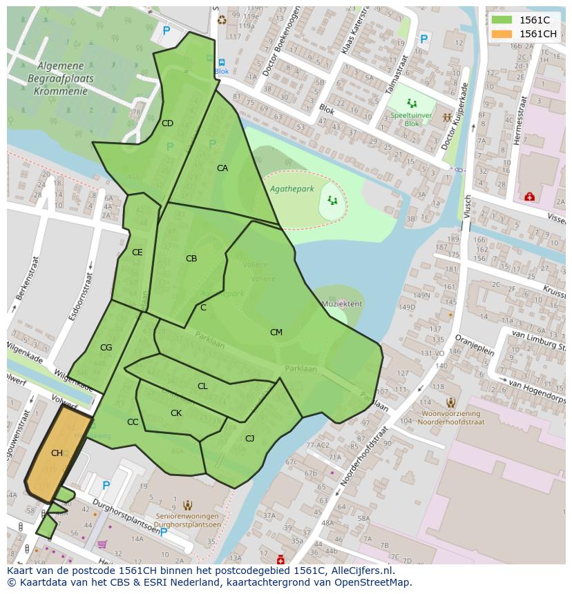 Afbeelding van het postcodegebied 1561 CH op de kaart.