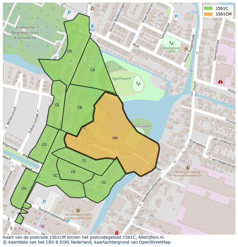 Afbeelding van het postcodegebied 1561 CM op de kaart.