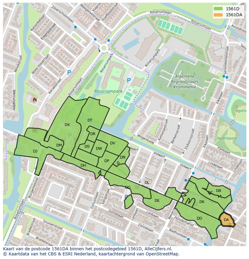 Afbeelding van het postcodegebied 1561 DA op de kaart.