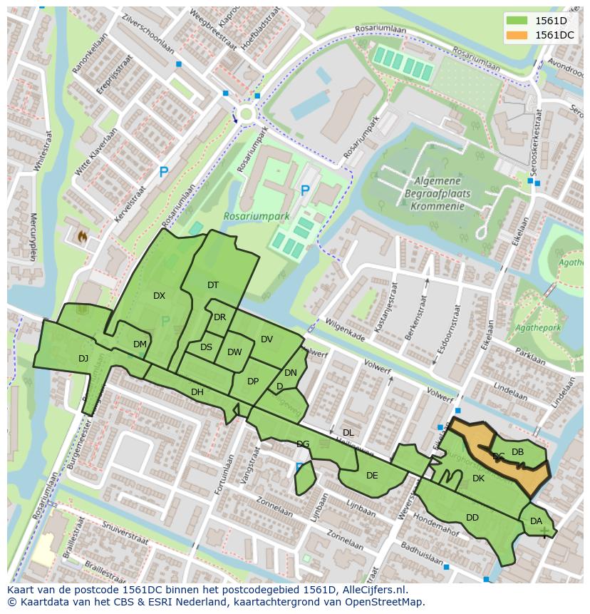 Afbeelding van het postcodegebied 1561 DC op de kaart.